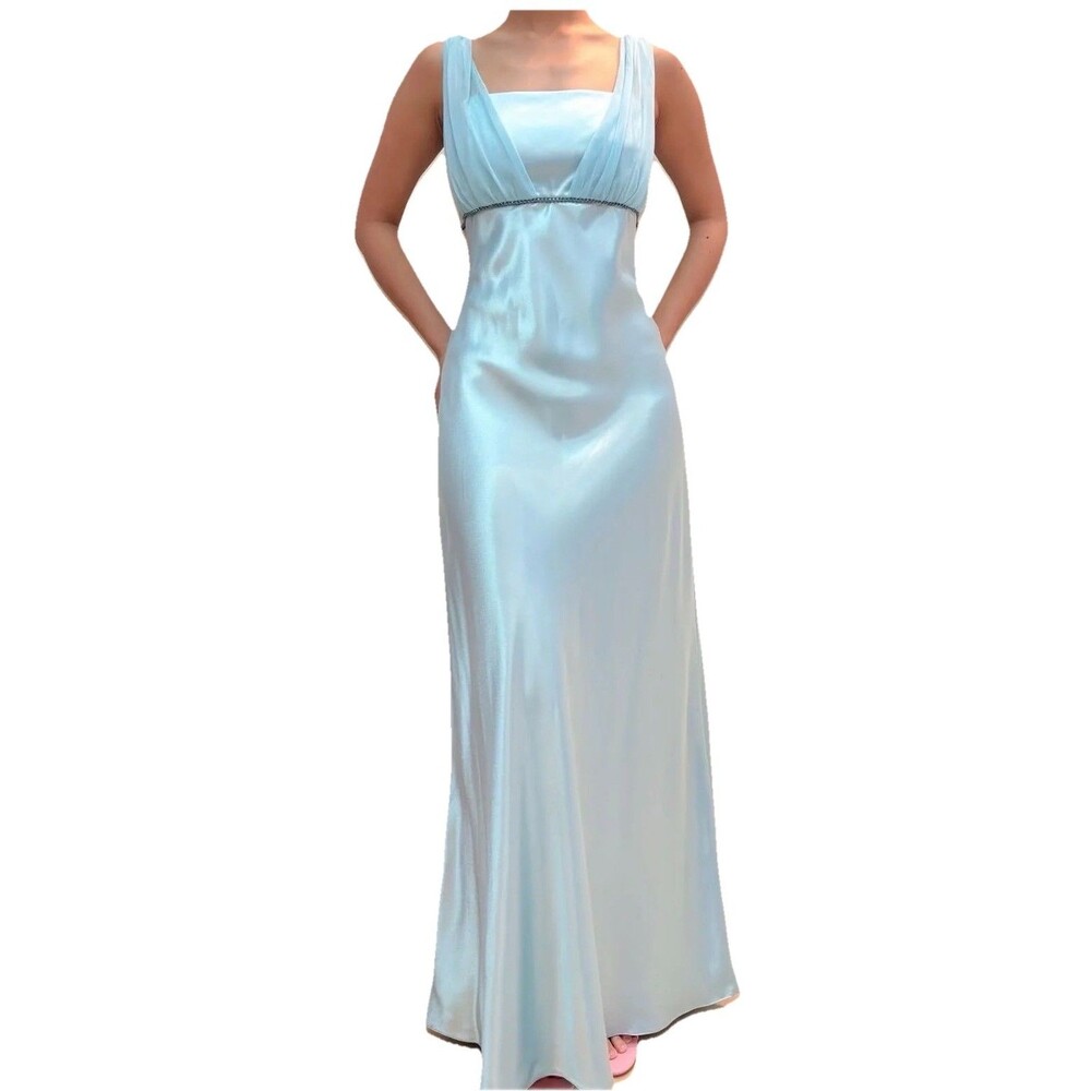 VTG Y2K Prom Dress Maxi Aqua Blue Glam Sz Xs Stain rhinestone-embellished